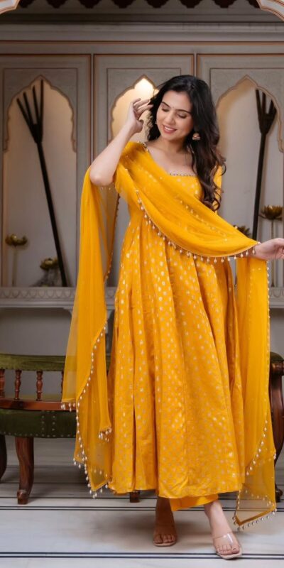 RTC 6025 Yellow Chanderi Jacquard Butti Salwar Suit with Mirror Work & Lace Work. Festive Deal ₹2149. Delivery 4-6 Working Days. Shop now. | Anarkali Suits, Bollywood Anarkali, Creative-Anarkali, Designer Anarkali, Embroidered Anarkali, Party Wear Anarkali