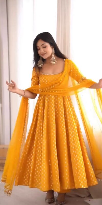 RTC 6025 Yellow Chanderi Jacquard Butti Salwar Suit with Mirror Work & Lace Work. Festive Deal ₹2149. Delivery 4-6 Working Days. Shop now. | Anarkali Suits, Bollywood Anarkali, Creative-Anarkali, Designer Anarkali, Embroidered Anarkali, Party Wear Anarkali