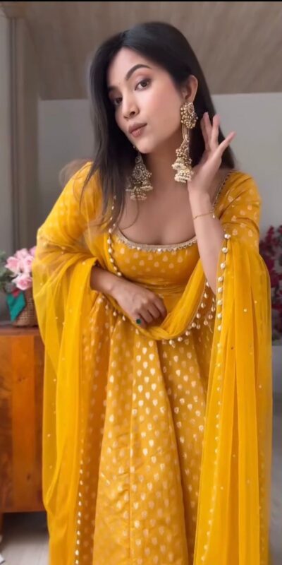 RTC 6025 Yellow Chanderi Jacquard Butti Salwar Suit with Mirror Work & Lace Work. Festive Deal ₹2149. Delivery 4-6 Working Days. Shop now. | Anarkali Suits, Bollywood Anarkali, Creative-Anarkali, Designer Anarkali, Embroidered Anarkali, Party Wear Anarkali