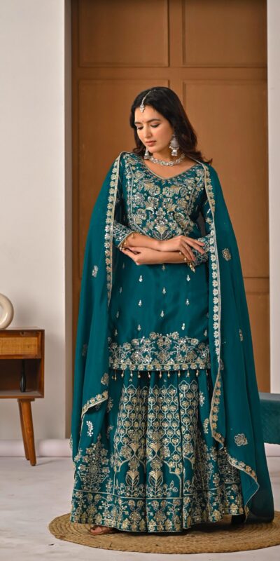 Teal Chinon Silk Embroidery Zari Work Lehenga Choli | Lehenga, Bollywood Lehenga, Creative Lehenga, Designer Lehenga, Embroidered Lehenga, Party Wear Lehenga