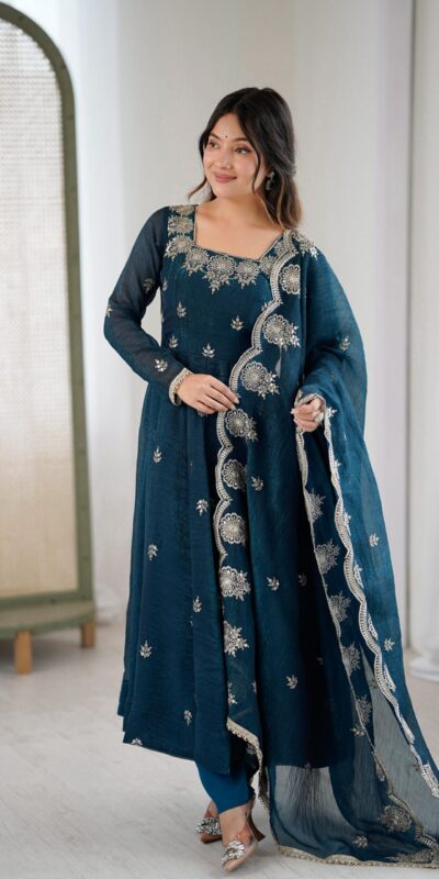 Teal Crunchy Silk Embroidery Work Gown | Gowns, Bollywood Gowns, Creative Gowns, Designer Gowns, Embroidered Gowns, Party Wear Gowns