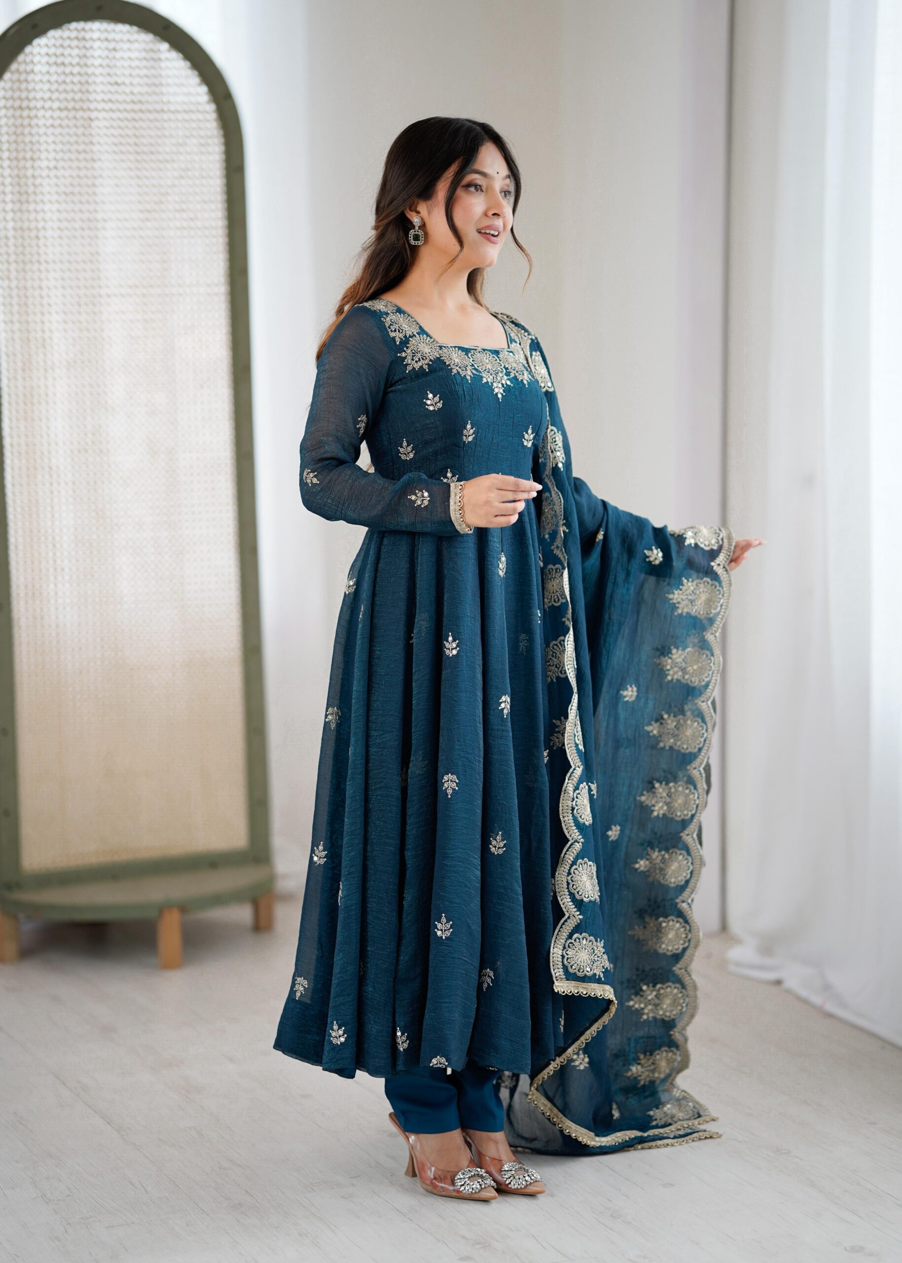 Teal Crunchy Silk Embroidery Work Gown | Gowns, Bollywood Gowns, Creative Gowns, Designer Gowns, Embroidered Gowns, Party Wear Gowns