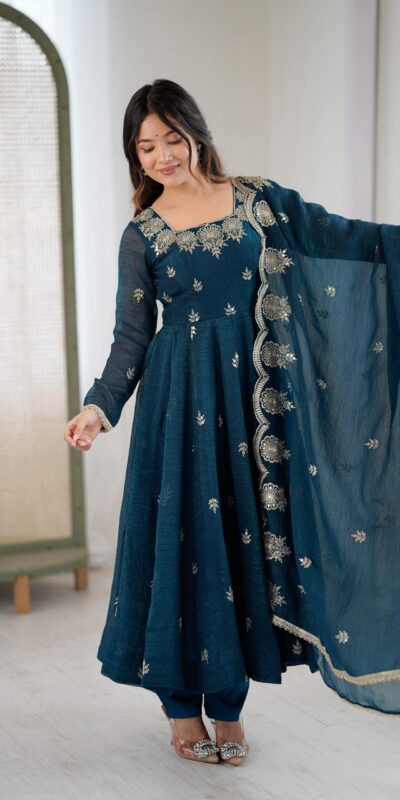 Teal Crunchy Silk Embroidery Work Gown | Gowns, Bollywood Gowns, Creative Gowns, Designer Gowns, Embroidered Gowns, Party Wear Gowns