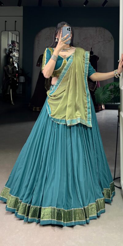 Teal Pure Rayon Zari Lace Work Lehenga Choli | Lehenga, Bollywood Lehenga, Creative Lehenga, Designer Lehenga, Embroidered Lehenga, Party Wear Lehenga