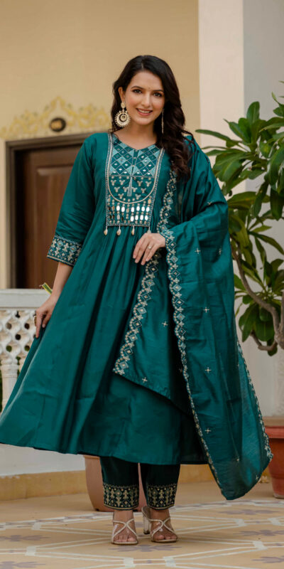 Teal Viscose Roman Silk Mirror Work Anarkali Suit | Anarkali Suits, Bollywood Anarkali, Creative-Anarkali, Designer Anarkali, Embroidered Anarkali, Party Wear Anarkali
