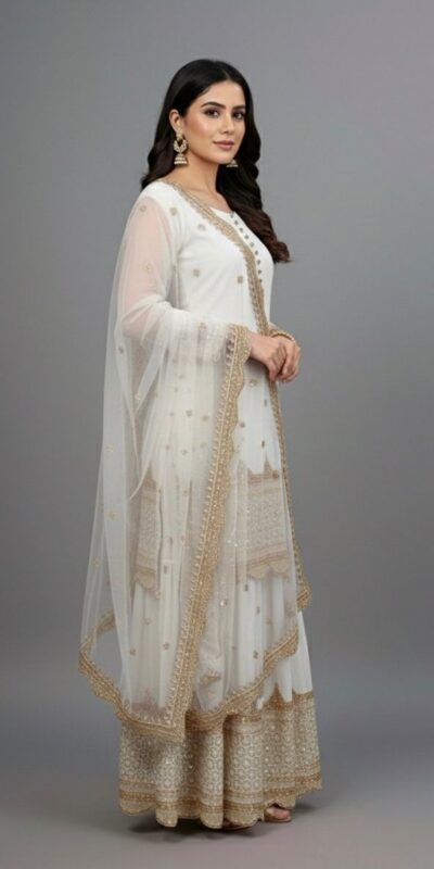White Faux Georgette Embroider Salwar Suit | Jump Suits, Salwar suit, Casual Suits, Creative suits, Designer Suits, Palazzo Suits, Party Wear Suits, Patiala Suits, Straight Suits