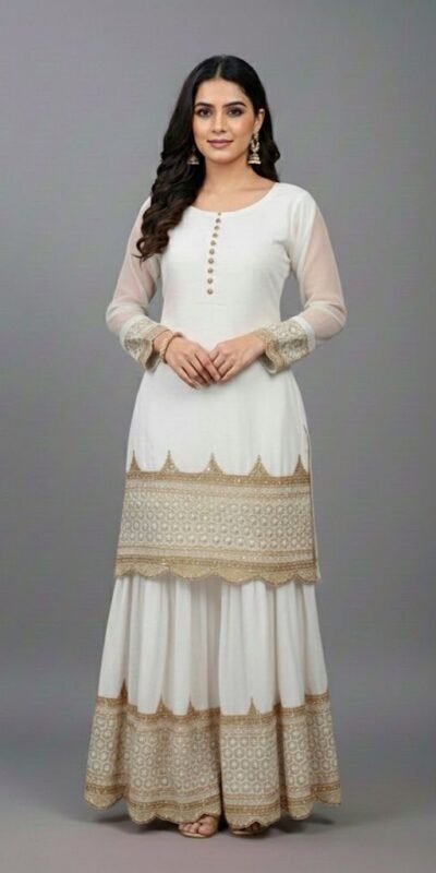 White Faux Georgette Embroider Salwar Suit | Jump Suits, Salwar suit, Casual Suits, Creative suits, Designer Suits, Palazzo Suits, Party Wear Suits, Patiala Suits, Straight Suits