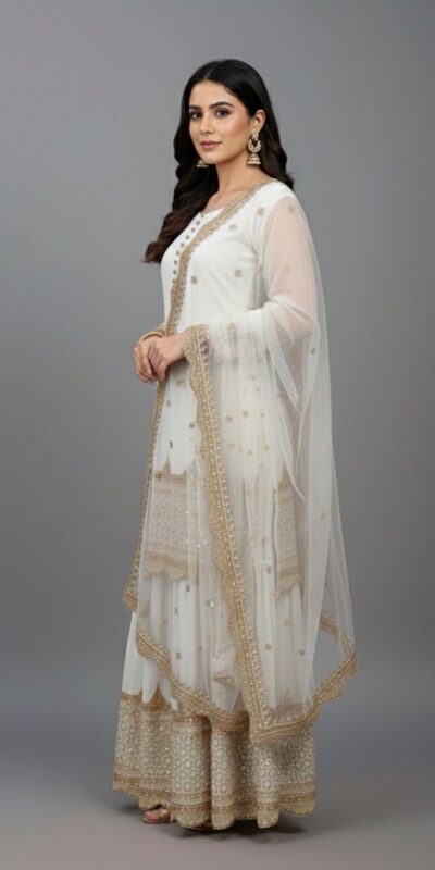 White Faux Georgette Embroider Salwar Suit | Jump Suits, Salwar suit, Casual Suits, Creative suits, Designer Suits, Palazzo Suits, Party Wear Suits, Patiala Suits, Straight Suits