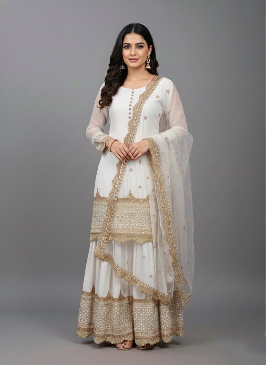 White Faux Georgette Embroider Salwar Suit | Jump Suits, Salwar suit, Casual Suits, Creative suits, Designer Suits, Palazzo Suits, Party Wear Suits, Patiala Suits, Straight Suits