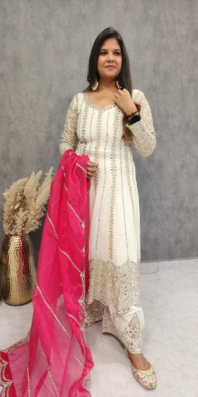 White Faux Georgette Sequence Thread Work Salwar Suit | Jump Suits, Salwar suit, Casual Suits, Creative suits, Designer Suits, Palazzo Suits, Party Wear Suits, Patiala Suits, Straight Suits