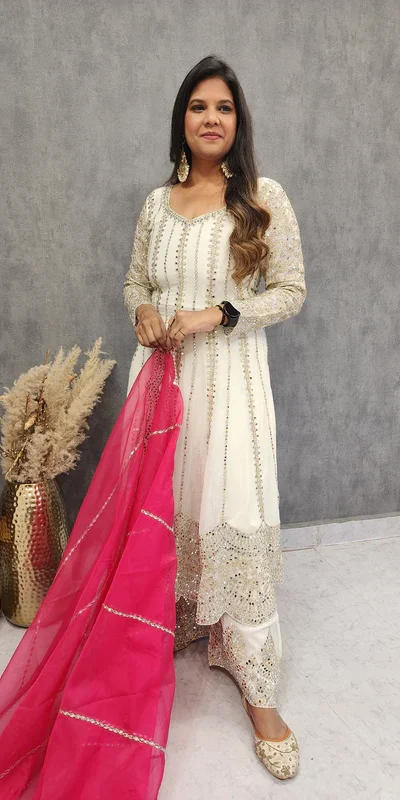 White Faux Georgette Sequence Thread Work Salwar Suit | Jump Suits, Salwar suit, Casual Suits, Creative suits, Designer Suits, Palazzo Suits, Party Wear Suits, Patiala Suits, Straight Suits