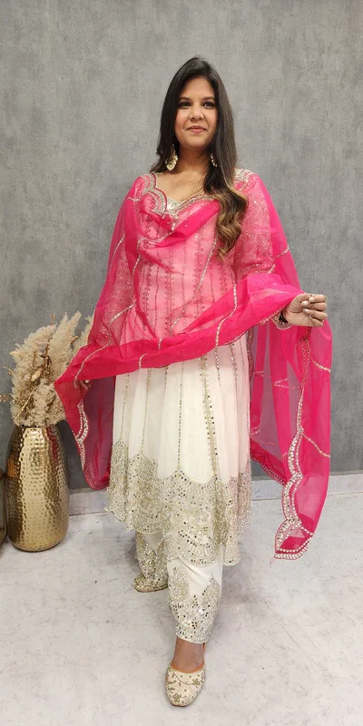 White Faux Georgette Sequence Thread Work Salwar Suit | Jump Suits, Salwar suit, Casual Suits, Creative suits, Designer Suits, Palazzo Suits, Party Wear Suits, Patiala Suits, Straight Suits