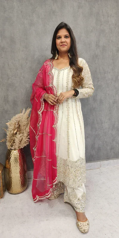 White Faux Georgette Sequence Thread Work Salwar Suit | Jump Suits, Salwar suit, Casual Suits, Creative suits, Designer Suits, Palazzo Suits, Party Wear Suits, Patiala Suits, Straight Suits