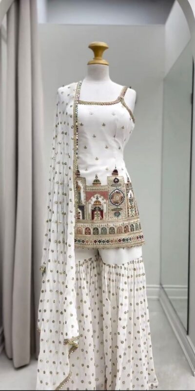 White Faux Georgette With Thread Lace Work Salwar Suit | Jump Suits, Salwar suit, Casual Suits, Creative suits, Designer Suits, Palazzo Suits, Party Wear Suits, Patiala Suits, Straight Suits