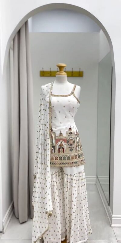 White Faux Georgette With Thread Lace Work Salwar Suit | Jump Suits, Salwar suit, Casual Suits, Creative suits, Designer Suits, Palazzo Suits, Party Wear Suits, Patiala Suits, Straight Suits