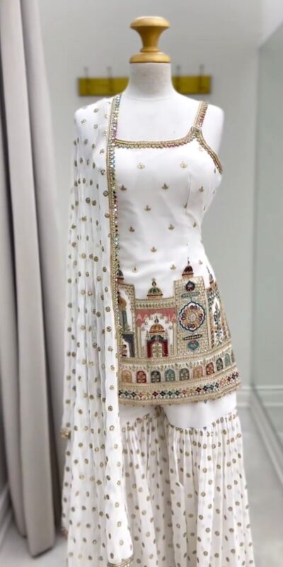 White Faux Georgette With Thread Lace Work Salwar Suit | Jump Suits, Salwar suit, Casual Suits, Creative suits, Designer Suits, Palazzo Suits, Party Wear Suits, Patiala Suits, Straight Suits