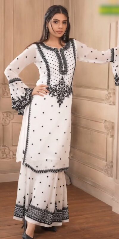 White Fox Georgette With Embroidery Salwar Suit | Jump Suits, Salwar suit, Casual Suits, Creative suits, Designer Suits, Palazzo Suits, Party Wear Suits, Patiala Suits, Straight Suits
