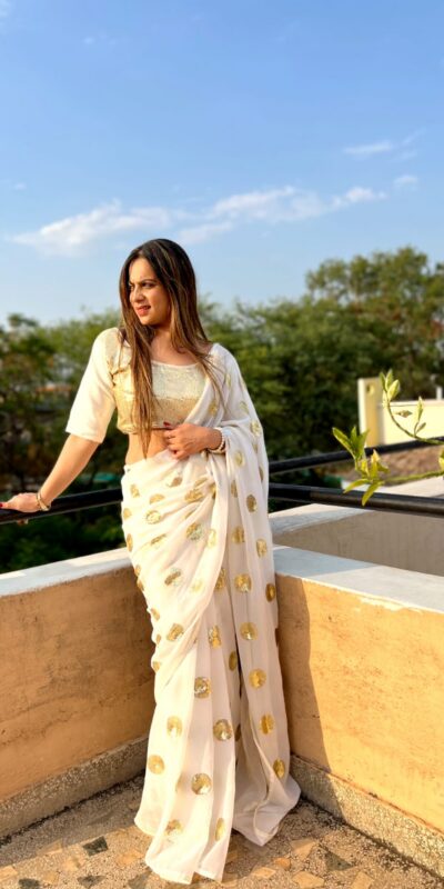 White Georgette Embroidery Sequence Saree | Sarees, Bollywood Sarees, Creative Sarees, Designer Sarees, Embroidered Sarees, Ethnic Saree, Modern Digital sarees, Party Wear Sarees