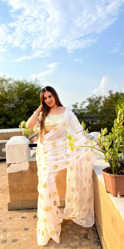 White Georgette Embroidery Sequence Saree | Sarees, Bollywood Sarees, Creative Sarees, Designer Sarees, Embroidered Sarees, Ethnic Saree, Modern Digital sarees, Party Wear Sarees