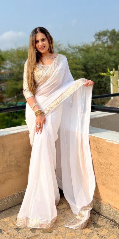 White Georgette Heavy Sequin Saree | Sarees, Bollywood Sarees, Creative Sarees, Designer Sarees, Embroidered Sarees, Ethnic Saree, Modern Digital sarees, Party Wear Sarees