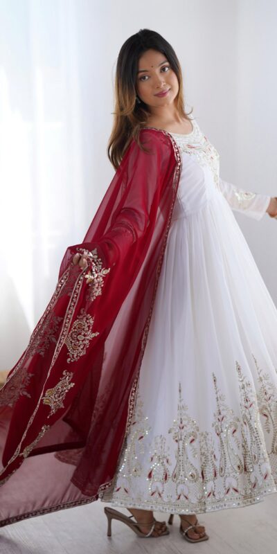 White Georgette With Embroidery Work Gown | Jump Suits, Salwar suit, Casual Suits, Creative suits, Designer Suits, Palazzo Suits, Party Wear Suits, Patiala Suits, Straight Suits