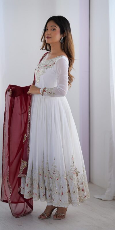 White Georgette With Embroidery Work Gown | Jump Suits, Salwar suit, Casual Suits, Creative suits, Designer Suits, Palazzo Suits, Party Wear Suits, Patiala Suits, Straight Suits