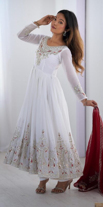 White Georgette With Embroidery Work Gown | Jump Suits, Salwar suit, Casual Suits, Creative suits, Designer Suits, Palazzo Suits, Party Wear Suits, Patiala Suits, Straight Suits