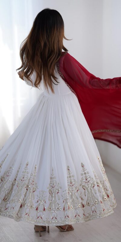 White Georgette With Embroidery Work Gown | Jump Suits, Salwar suit, Casual Suits, Creative suits, Designer Suits, Palazzo Suits, Party Wear Suits, Patiala Suits, Straight Suits