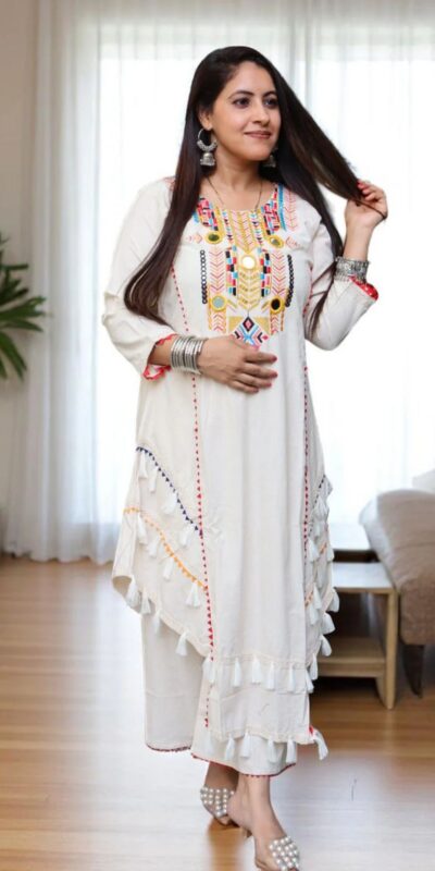 White Khadi Cotton With Mirror Work Salwar Suit | Jump Suits, Tops & Bottoms, Track Suits, Salwar suit, Casual Suits, Creative suits, Designer Suits, Palazzo Suits, Party Wear Suits, Patiala Suits, Straight Suits, Trendy Wear