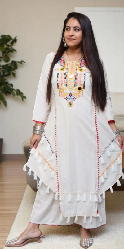 White Khadi Cotton With Mirror Work Salwar Suit | Jump Suits, Tops & Bottoms, Track Suits, Salwar suit, Casual Suits, Creative suits, Designer Suits, Palazzo Suits, Party Wear Suits, Patiala Suits, Straight Suits, Trendy Wear