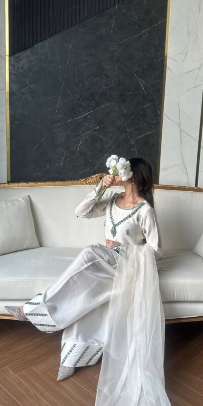White Natural Crap Embroidery Mirror Work Salwar Suit | Jump Suits, Salwar suit, Casual Suits, Creative suits, Designer Suits, Palazzo Suits, Party Wear Suits, Patiala Suits, Straight Suits