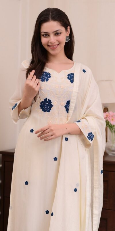 White Roman Silk Embroidery Salwar Suit | Jump Suits, Tops & Bottoms, Track Suits, Salwar suit, Casual Suits, Creative suits, Designer Suits, Palazzo Suits, Party Wear Suits, Patiala Suits, Straight Suits, Trendy Wear