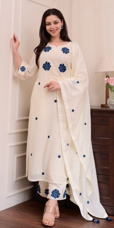 White Roman Silk Embroidery Salwar Suit | Jump Suits, Tops & Bottoms, Track Suits, Salwar suit, Casual Suits, Creative suits, Designer Suits, Palazzo Suits, Party Wear Suits, Patiala Suits, Straight Suits, Trendy Wear