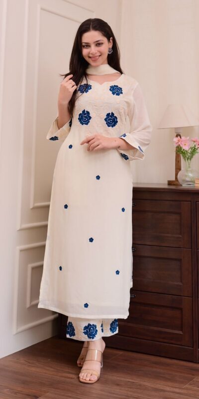 White Roman Silk Embroidery Salwar Suit | Jump Suits, Tops & Bottoms, Track Suits, Salwar suit, Casual Suits, Creative suits, Designer Suits, Palazzo Suits, Party Wear Suits, Patiala Suits, Straight Suits, Trendy Wear