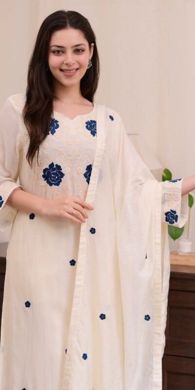 White Roman Silk Embroidery Salwar Suit | Jump Suits, Tops & Bottoms, Track Suits, Salwar suit, Casual Suits, Creative suits, Designer Suits, Palazzo Suits, Party Wear Suits, Patiala Suits, Straight Suits, Trendy Wear