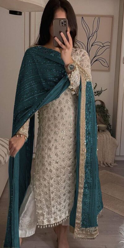 White Sequence Salwar Suit with Peacock Blue Dupatta | Salwar suit, Casual Suits, Creative suits, Designer Suits, Party Wear Suits, Patiala Suits, Straight Suits