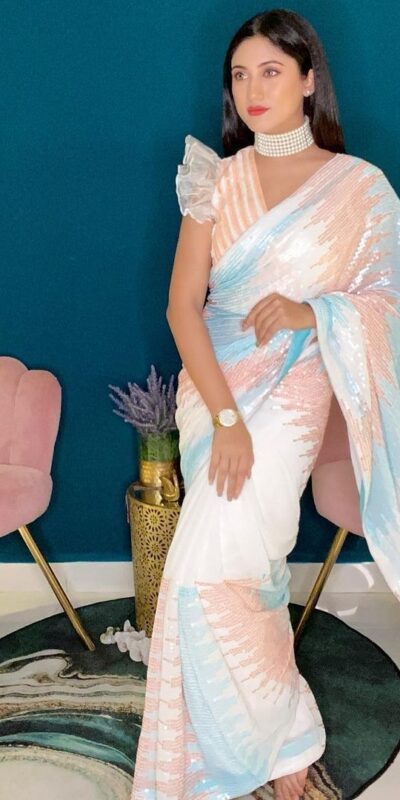 White Soft Georgette Shaded Sequin Saree | Sarees, Bollywood Sarees, Creative Sarees, Designer Sarees, Embroidered Sarees, Ethnic Saree, Modern Digital sarees, Party Wear Sarees