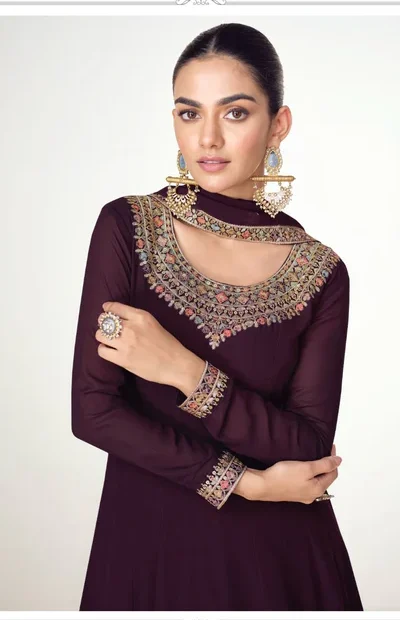 Wine Blooming Georgette Embroidery Work Salwar Suit | Jump Suits, Salwar suit, Casual Suits, Creative suits, Designer Suits, Palazzo Suits, Party Wear Suits, Patiala Suits, Straight Suits