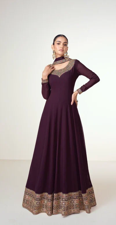 Wine Blooming Georgette Embroidery Work Salwar Suit | Jump Suits, Salwar suit, Casual Suits, Creative suits, Designer Suits, Palazzo Suits, Party Wear Suits, Patiala Suits, Straight Suits
