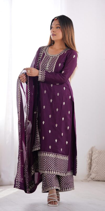 Wine Chinon Silk Embroidery Jari Work Salwar Suit | Jump Suits, Salwar suit, Casual Suits, Creative suits, Designer Suits, Palazzo Suits, Party Wear Suits, Patiala Suits, Straight Suits