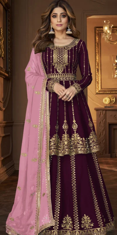 Wine Faux Georgette Embroidery Work Salwar Suit | Jump Suits, Tops & Bottoms, Track Suits, Salwar suit, Casual Suits, Creative suits, Designer Suits, Palazzo Suits, Party Wear Suits, Patiala Suits, Straight Suits, Trendy Wear