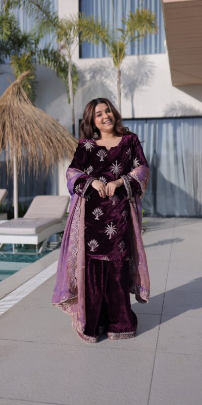 Wine Ice Velvet Embroidery Zari Work Salwar Suit | Jump Suits, Salwar suit, Casual Suits, Creative suits, Designer Suits, Palazzo Suits, Party Wear Suits, Patiala Suits, Straight Suits