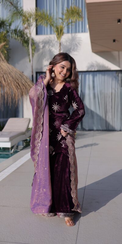 Wine Ice Velvet Embroidery Zari Work Salwar Suit | Jump Suits, Salwar suit, Casual Suits, Creative suits, Designer Suits, Palazzo Suits, Party Wear Suits, Patiala Suits, Straight Suits