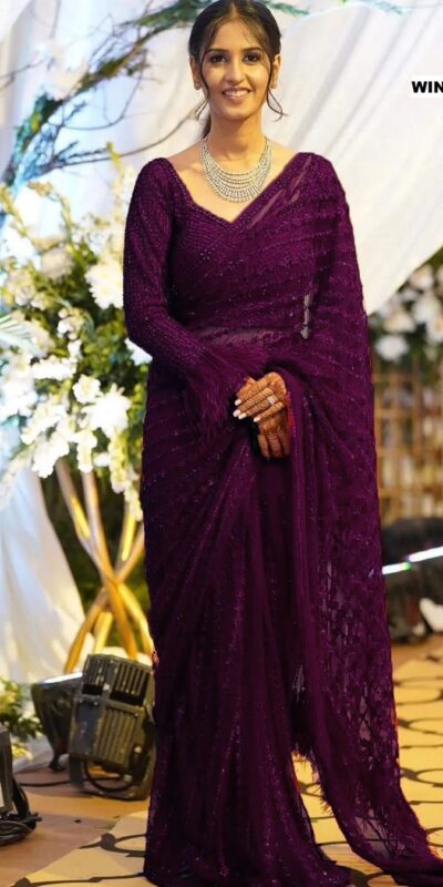Wine Mono Net Sequins Embroidery Work Saree | Sarees, Bollywood Sarees, Creative Sarees, Designer Sarees, Embroidered Sarees, Ethnic Saree, Modern Digital sarees, Party Wear Sarees
