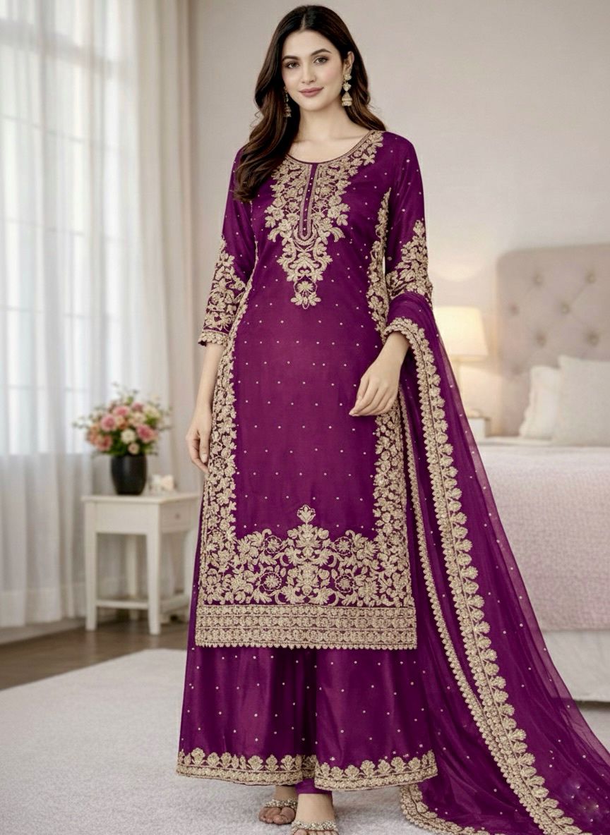 Wine Organza Silk Embroidery Work Salwar Suit | Jump Suits, Salwar suit, Casual Suits, Creative suits, Designer Suits, Palazzo Suits, Party Wear Suits, Patiala Suits, Straight Suits