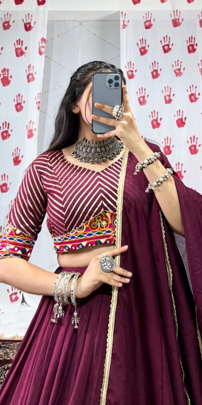 Wine Pure Chanderi With Zari Work Lehenga Choli | Lehenga, Bollywood Lehenga, Creative Lehenga, Designer Lehenga, Embroidered Lehenga, Party Wear Lehenga