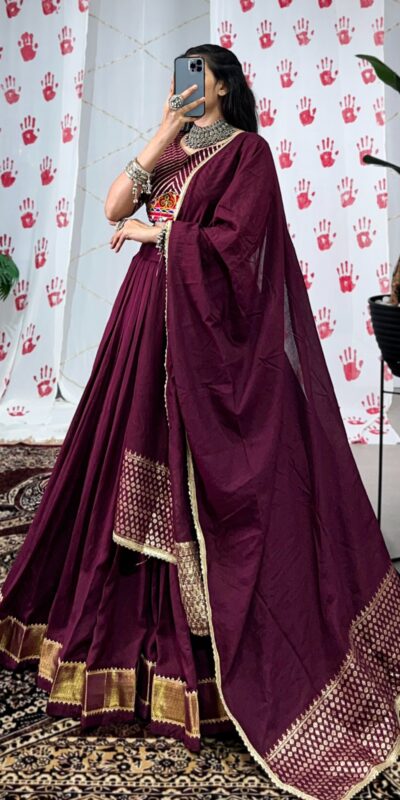 Wine Pure Chanderi With Zari Work Lehenga Choli | Lehenga, Bollywood Lehenga, Creative Lehenga, Designer Lehenga, Embroidered Lehenga, Party Wear Lehenga