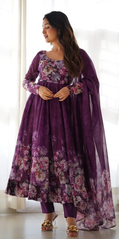Wine Soft Organza Silk Print With Kali Gown | Gowns, Bollywood Gowns, Creative Gowns, Designer Gowns, Embroidered Gowns, Party Wear Gowns