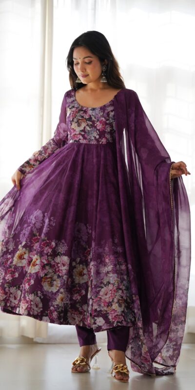 Wine Soft Organza Silk Print With Kali Gown | Gowns, Bollywood Gowns, Creative Gowns, Designer Gowns, Embroidered Gowns, Party Wear Gowns