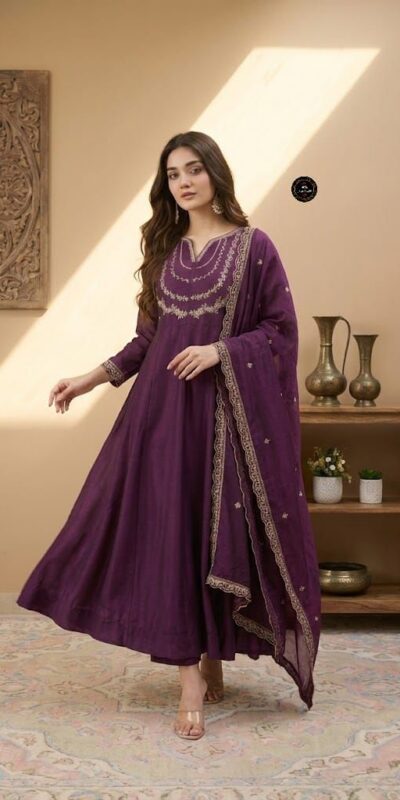 Wine Vichitra Silk Sequence Work Gown | Gowns, Bollywood Gowns, Creative Gowns, Designer Gowns, Embroidered Gowns, Party Wear Gowns